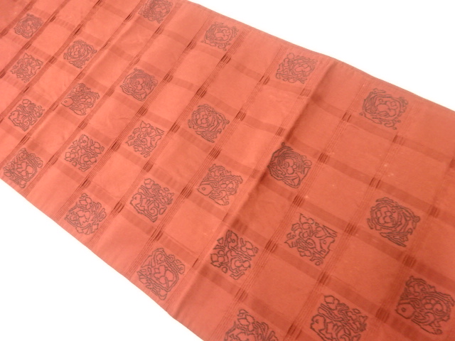 アンティーク　ふくれ織格子に花模様織出し袋帯（材料）